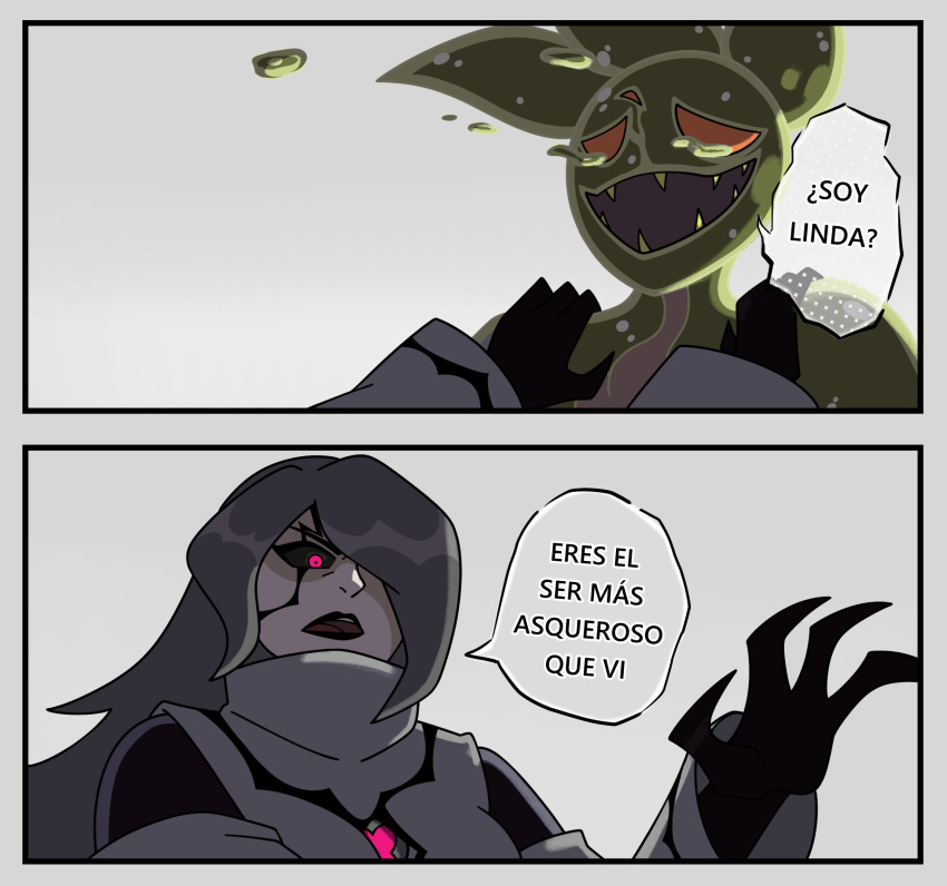 2girls, ben_10, black_lips, black_sclera, boku_no_hero_academia, chaquetrix, claws, colored_sclera, cracked_skin, crying, crying_with_eyes_open, genderswap, genderswap_(mtf), ghostfreak, glowing, glowing_eye, grey_background, grey_hair, hair_over_one_eye, hands_on_another's_shoulders, highres, long_hair, monster_girl, mosunoru, multiple_girls, orange_eyes, pink_eyes, scene_reference, simple_background, slime_(creature), slime_girl, spanish_text, tears, translation_request