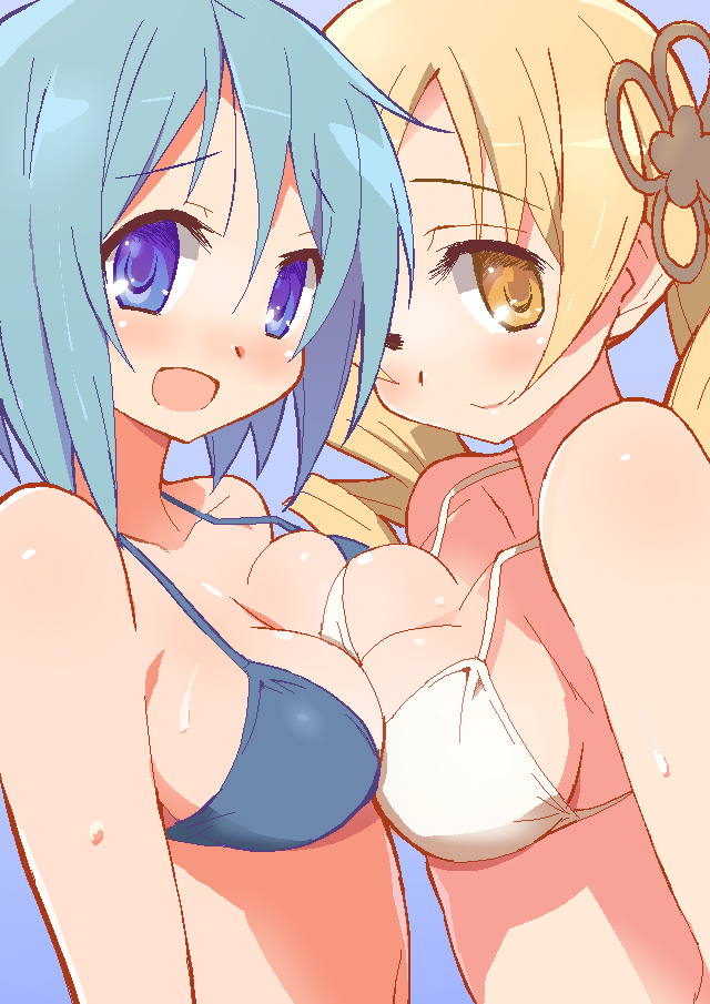9law, bikini, blonde_hair, blue_eyes, blue_hair, blush, breast_press, breasts