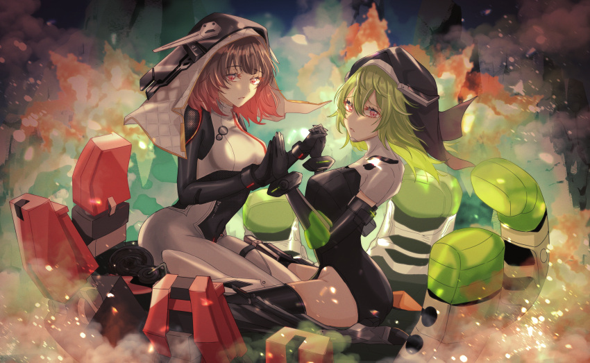 1girl, absurdres, black_gloves, bodysuit, breasts, covered_navel, gloves, green_hair