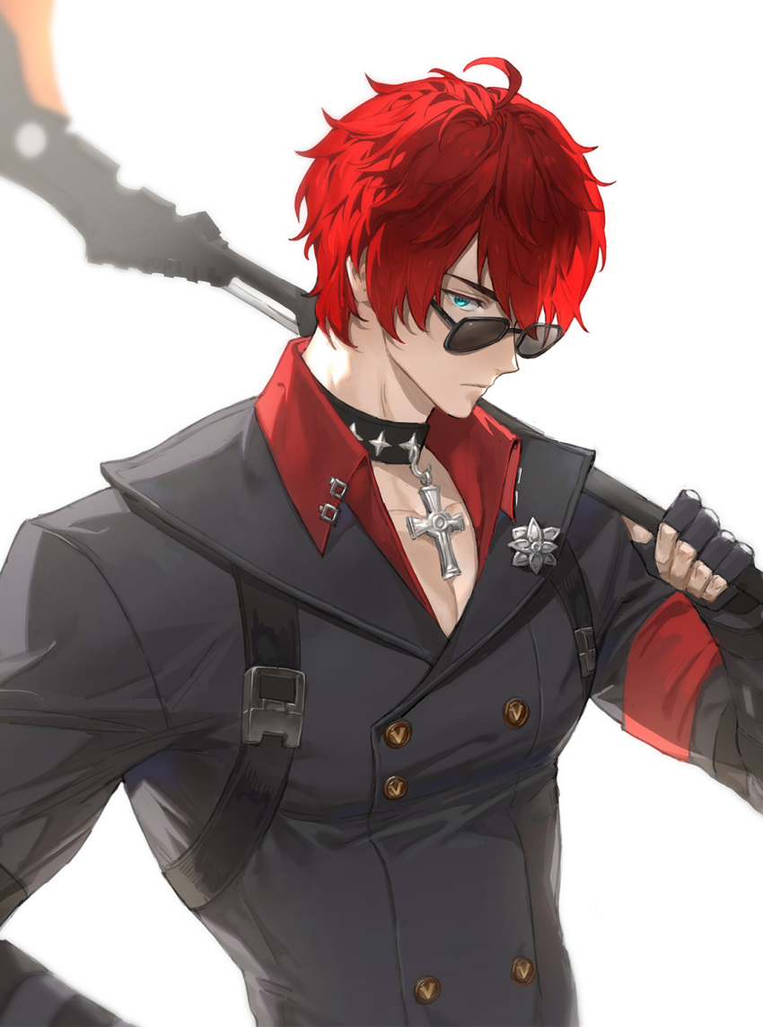 1boy, black_gloves, blue_eyes, coat, commentary, gloves, hand_up, highres