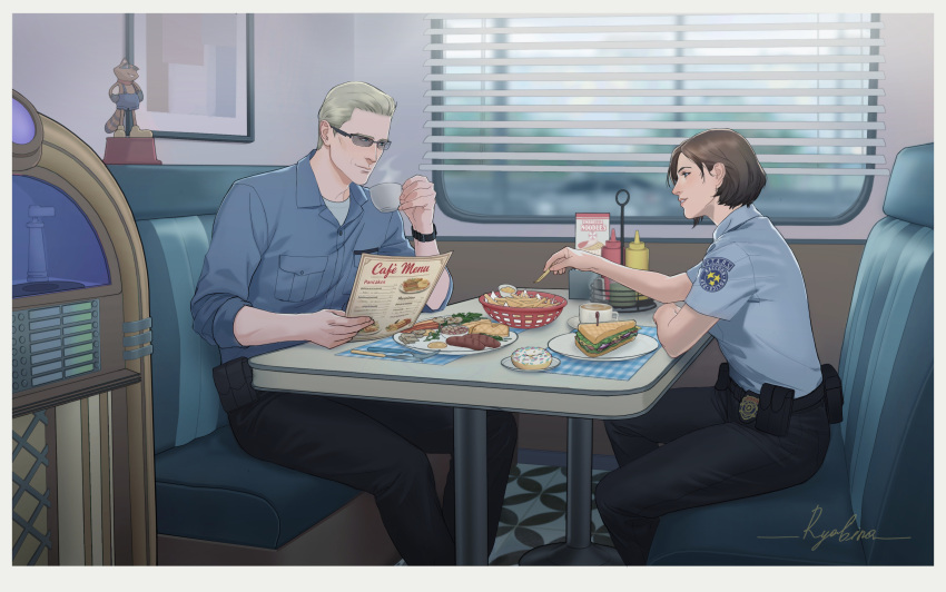 1boy, 1girl, absurdres, albert_wesker, alternate_universe, arm_on_table, artist_name, belt, black_belt, black_pants, blonde_hair, blue_eyes, blue_shirt, booth_seating, border, brown_hair, closed_mouth, coffee, coffee_mug, collared_shirt, commentary, cup, day, dimple, diner, doughnut, english_commentary, figure, food, french_fries, fried_egg, from_side, glasses, highres, holding, holding_cup, holding_food, holding_menu, indoors, jill_valentine, jukebox, ketchup_bottle, looking_at_another, menu, mr._raccoon_(resident_evil), mug, mustard_bottle, pants, parted_lips, police, police_badge, police_uniform, resident_evil, rya6ina, sandwich, sausage, shirt, short_hair, short_sleeves, signature, sitting, sleeves_rolled_up, smile, steam, table, white_border, window, window_blinds