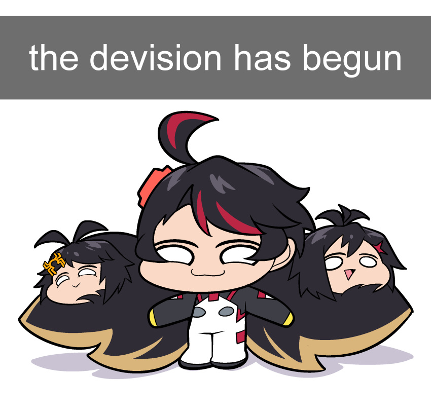 3girls, :>, :3, absurdres, ahoge, black_hair, blonde_streaks, bluebutter