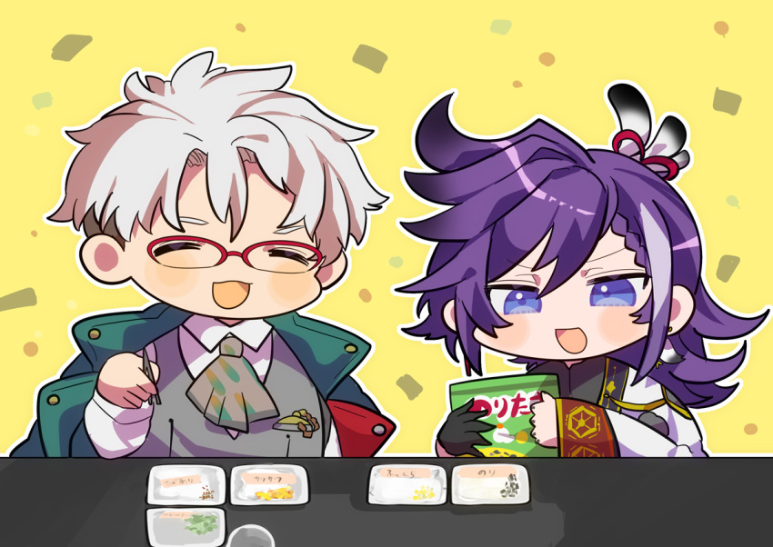 2boys, arurandeisu, arurandeisu_(accession), ascot, banzoin_hakka, banzoin_hakka_(1st_costume), black_hands, blush_stickers