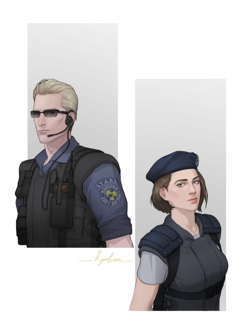 1boy, 1girl, albert_wesker, artist_name, beret, black_vest, blonde_hair, blue_eyes, blue_hat, blue_shirt, body_armor, brown_hair, closed_mouth, collared_shirt, commentary, english_commentary, grey_shirt, hat, headset, highres, jill_valentine, light_smile, looking_at_viewer, police, police_uniform, radio, resident_evil, resident_evil_1, rya6ina, shirt, short_hair, short_sleeves, signature, simple_background, sunglasses, upper_body, vest, white_background