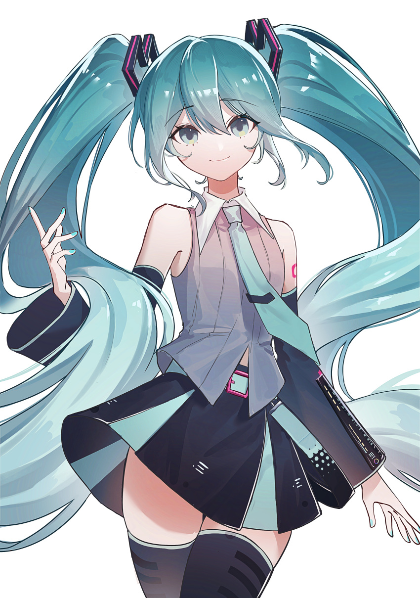 1girl, absurdres, aqua_eyes, aqua_hair, aqua_nails, aqua_necktie, bare_shoulders, black_sleeves
