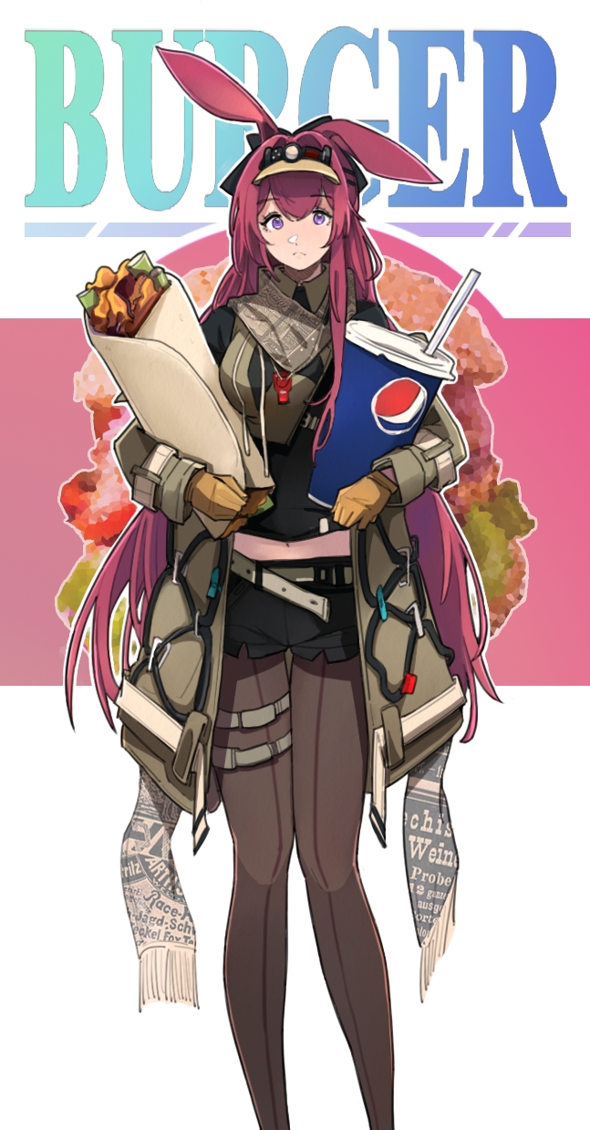 1girl, a_mei_f, animal_ears, arknights, black_shirt, black_shorts, brown_pantyhose, chinese_commentary, closed_mouth, coat, commentary, drink, feet_out_of_frame, food, gloves, grey_coat, highres, holding, holding_drink, holding_food, long_hair, long_sleeves, looking_at_viewer, open_clothes, open_coat, oversized_food, oversized_object, pantyhose, pepsi, pink_hair, product_placement, ray_(arknights), shirt, short_shorts, shorts, solo, standing, thigh_strap, violet_eyes, visor_cap, yellow_gloves