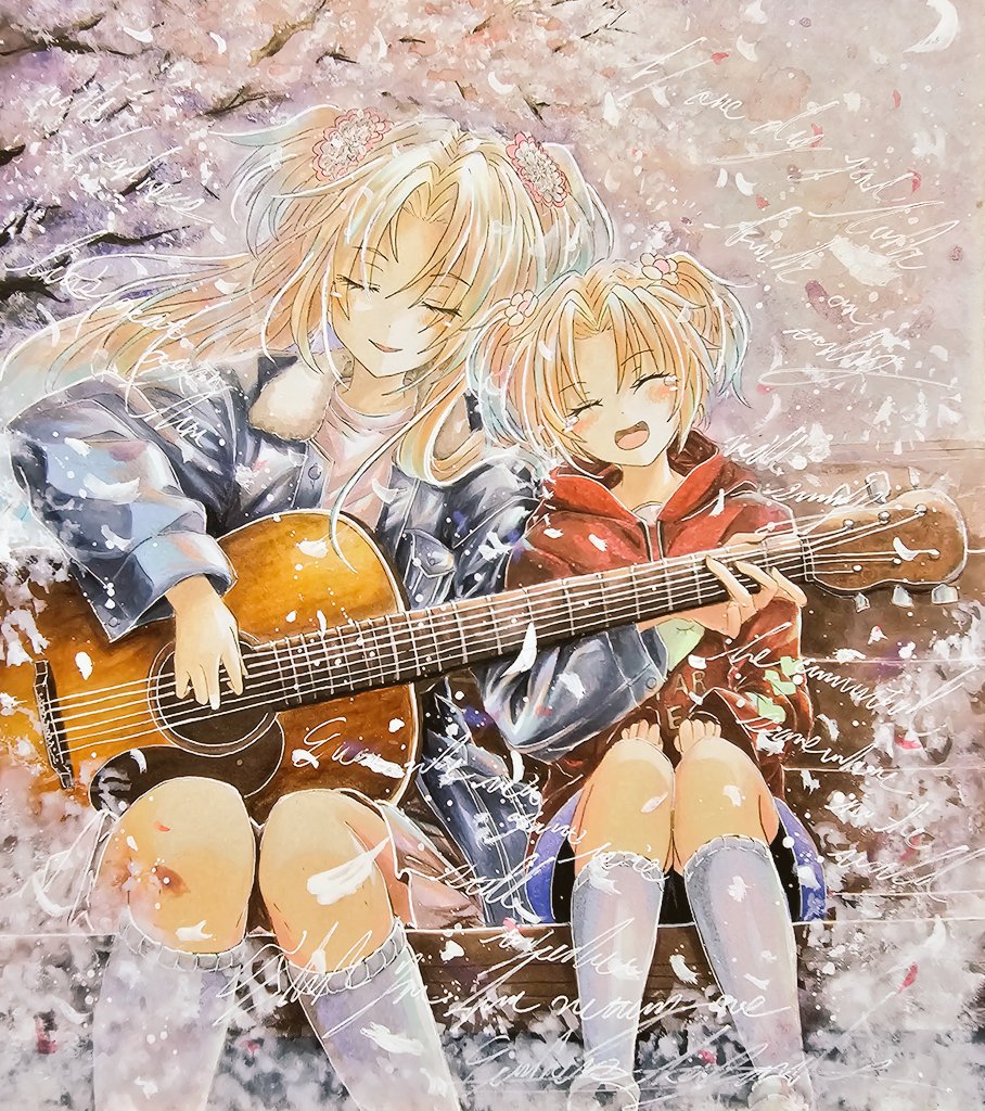 2girls, acoustic_guitar, age_difference, black_jacket, blonde_hair, blue_hair, commentary_request, curtained_hair