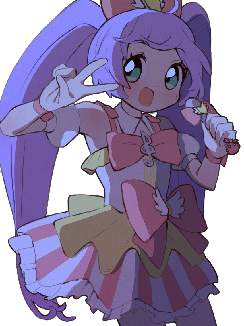 1girl, :d, ahoge, bow, commentary_request, detached_sleeves, dress, frilled_dress, frills, green_eyes, hair_bow, highres, holding, holding_microphone, idol_clothes, long_hair, looking_at_viewer, manaka_laala, mbt64kmb, microphone, multicolored_dress, open_mouth, pink_bow, pretty_series, pripara, puffy_detached_sleeves, puffy_sleeves, purple_hair, short_dress, simple_background, sleeveless, sleeveless_dress, smile, solo, standing, treble_clef, twintails, v, very_long_hair, white_background