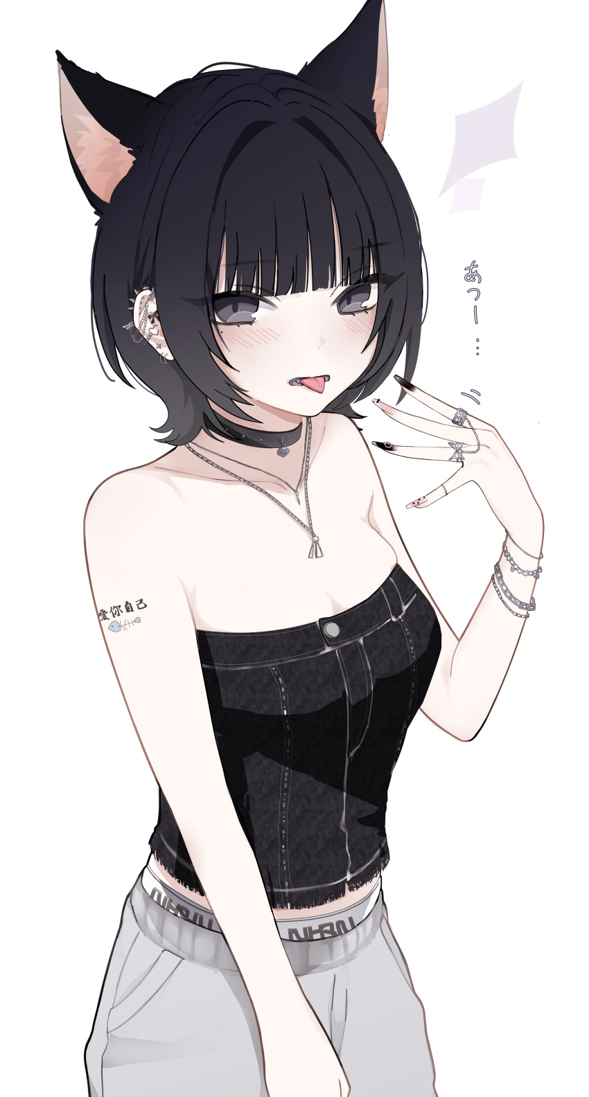 1girl, absurdres, animal_ears, artist_name, bare_arms, bare_shoulders, black_eyes, black_hair