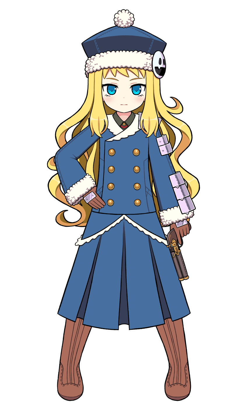1girl, absurdres, ami_(ammy33), black_shirt, blonde_hair, blue_coat, blue_dress, blue_eyes