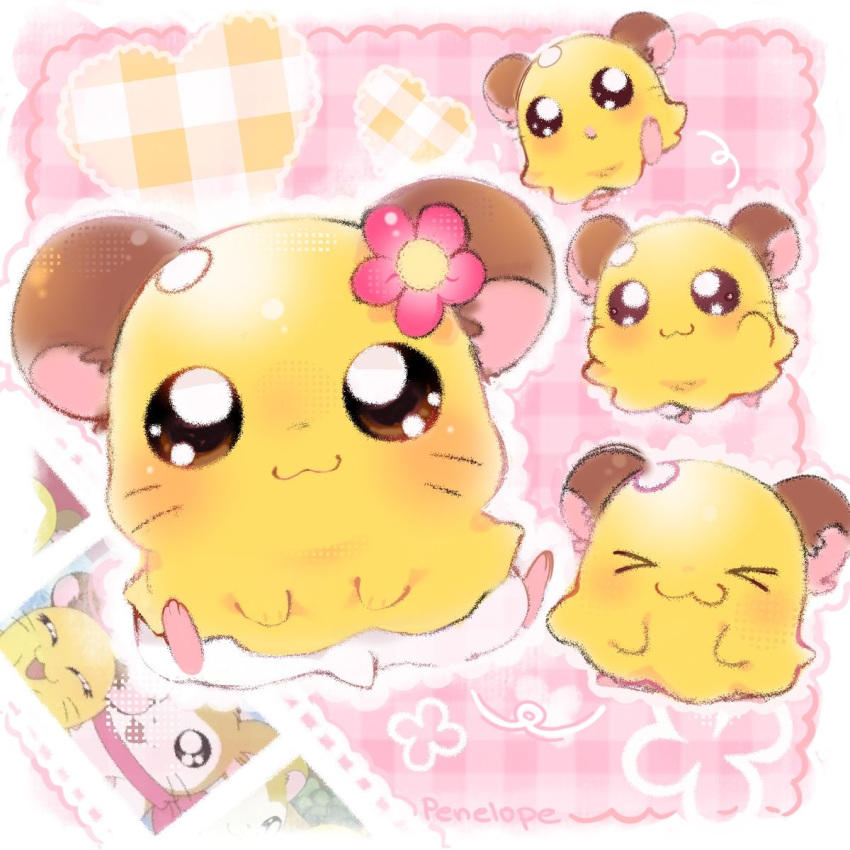 1girl, bad_source, border, canihavepromo, character_name, flower, hair_flower, hair_ornament, hamster, hamtaro, hamtaro_(series), highres, lace, lace_border, lottie_(gravyalloverhim), no_humans, ornate_border, penelope_(hamtaro), pink_background, plaid_background, solo_focus, third-party_source