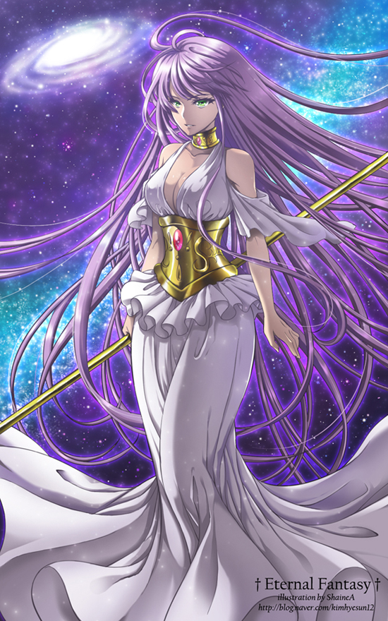 athena_(saint_seiya), bare_shoulders, breasts, choker, cleavage, dress, galaxy, green_eyes, long_hair, purple_hair, saint_seiya, saint_seiya:_the_lost_canvas, sasha_(saint_seiya:_the_lost_canvas), shainea, solo, staff, very_long_hair