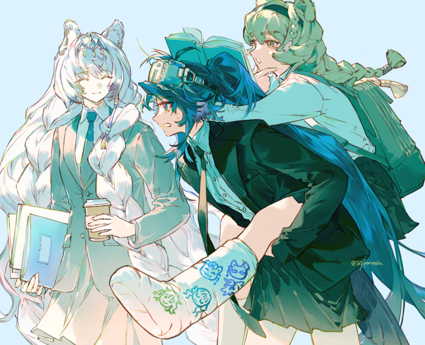 3girls, :o, ahoge, alternate_costume, animal_ears, arknights, astgenne_(arknights), astgenne_the_lightchaser_(arknights)