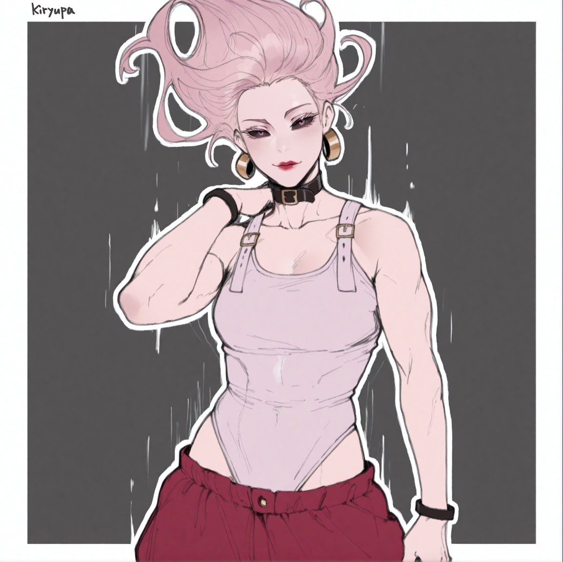 1girl, artist_name, belt_collar, black_choker, black_sclera, border, bracelet, breasts, choker, closed_mouth, collar, colored_sclera, covered_navel, earrings, english_commentary, floating_hair, grey_background, hair_floating_upwards, hand_on_own_neck, jewelry, jujutsu_kaisen, justkiryupa, large_breasts, lipstick, long_hair, makeup, muscular, muscular_female, outline, outside_border, pants, pink_eyes, pink_hair, signature, smile, solo, strap, sweatpants, tank_top, tight_clothes, upper_body, uro_takako, white_border, white_outline, white_unitard