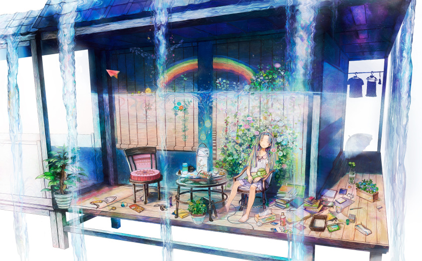 barefoot, blue_hair, book, chair, closed_eyes, clothesline, cup, dress