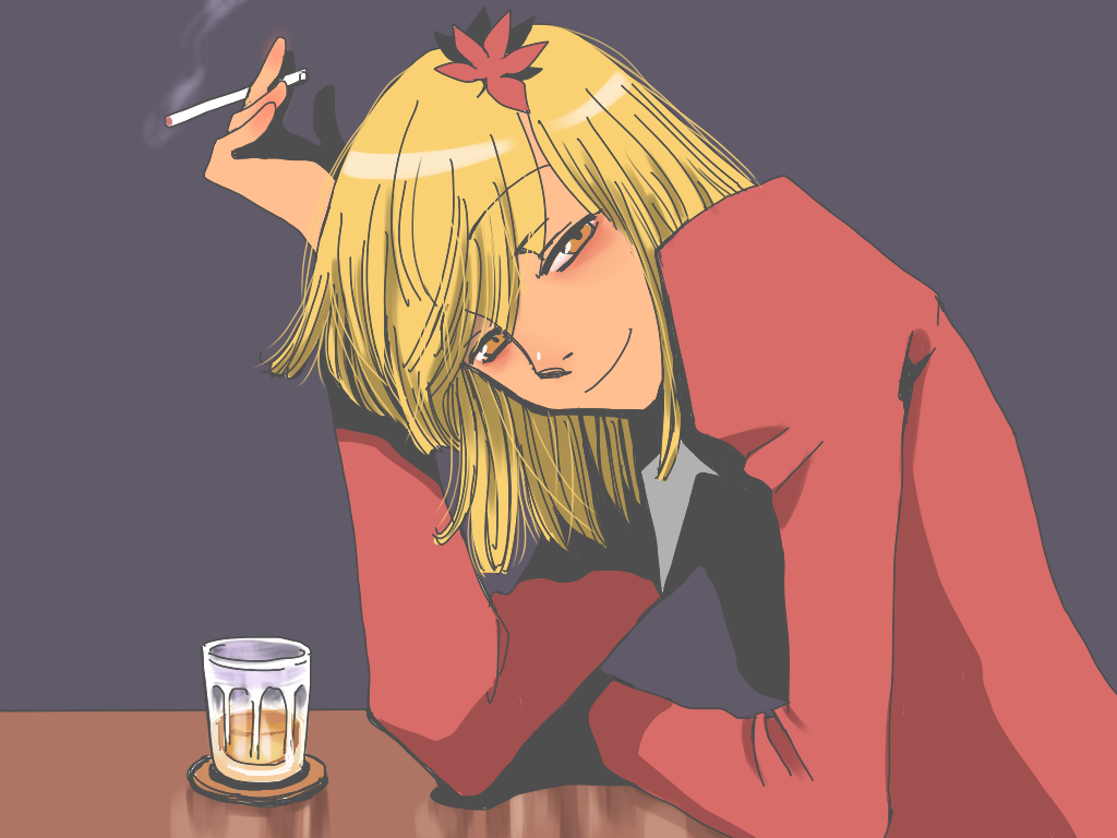 aki_shizuha, alcohol, blonde_hair, cigarette, glass, leaf, leaf_on_head, looking_at_viewer, onigashira_rin, onikobe_rin, short_hair, smile, solo, table, touhou, yellow_eyes