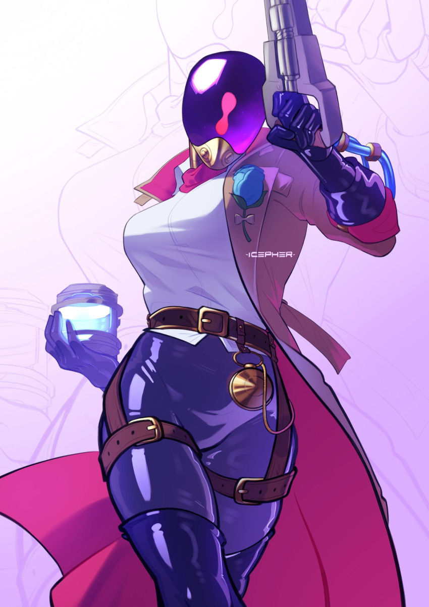 1girl, absurdres, blue_flower, blue_rose, breasts, brooch, brown_coat, coat