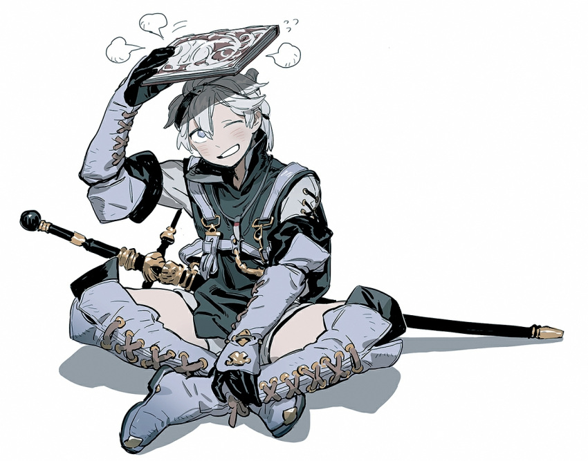 1boy, black_gloves, black_vest, blue_boots, book, boots, flying_sweatdrops, full_body