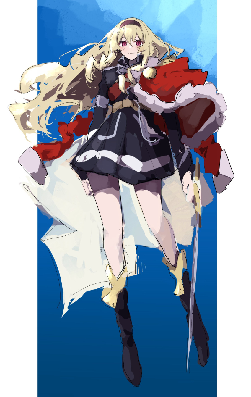 1girl, absurdres, blonde_hair, blue_background, boots, capelet, closed_mouth, collared_shirt