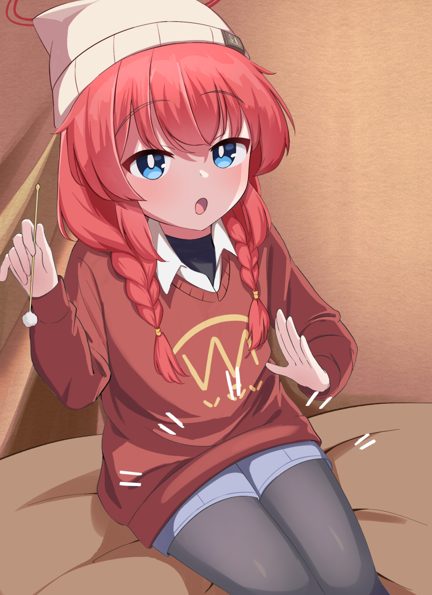 1girl, :o, absurdres, animal_ear_headwear, beanie, black_pantyhose, blue_archive, blue_eyes