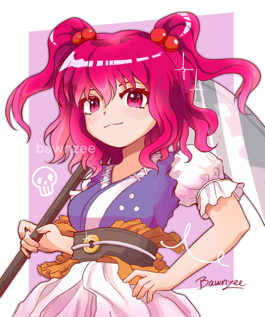 1girl, bawnzee, breasts, hair_bobbles, hair_ornament, hand_on_own_hip, highres, holding