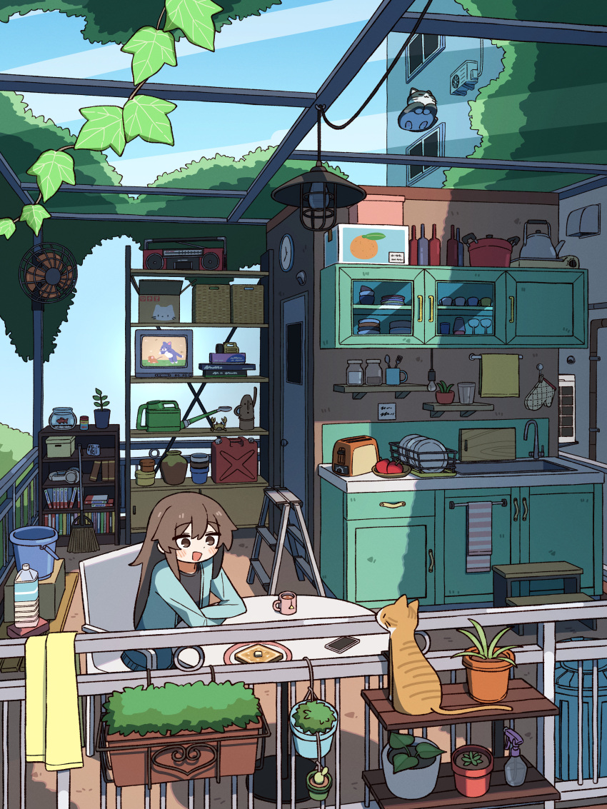 1girl, absurdly_detailed_composition, absurdres, analog_clock, animal, apple, aqua_cardigan, black_shirt