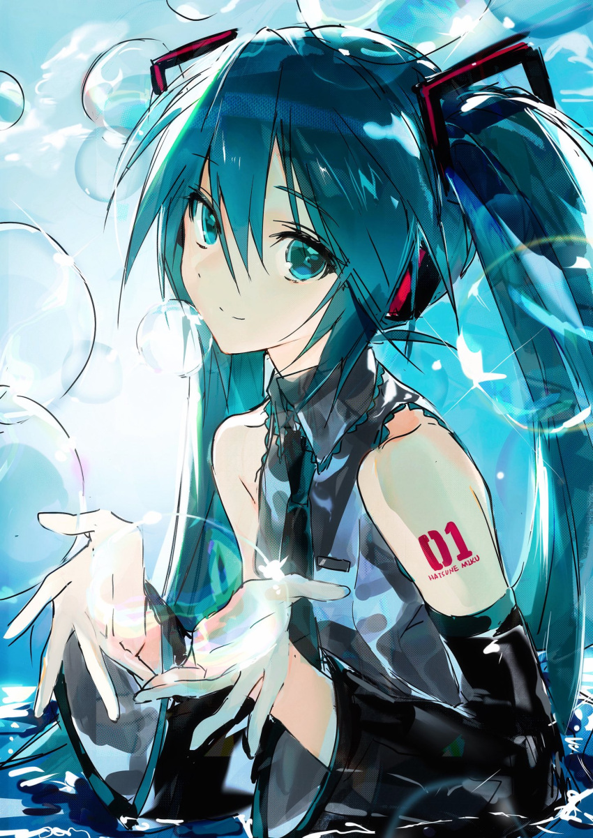 1girl, aqua_eyes, aqua_hair, arm_tattoo, bare_shoulders, black_sleeves, blue_sky, bubble