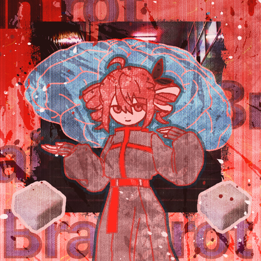1girl, 404crabs, absurdres, alternate_costume, belt, brain, brain_rot_(synthesizer_v), coat, commentary, drill_hair, english_commentary, grey_coat, highres, kasane_teto, long_sleeves, looking_at_viewer, red_belt, red_eyes, red_hair, solo, standing, twin_drills, utau