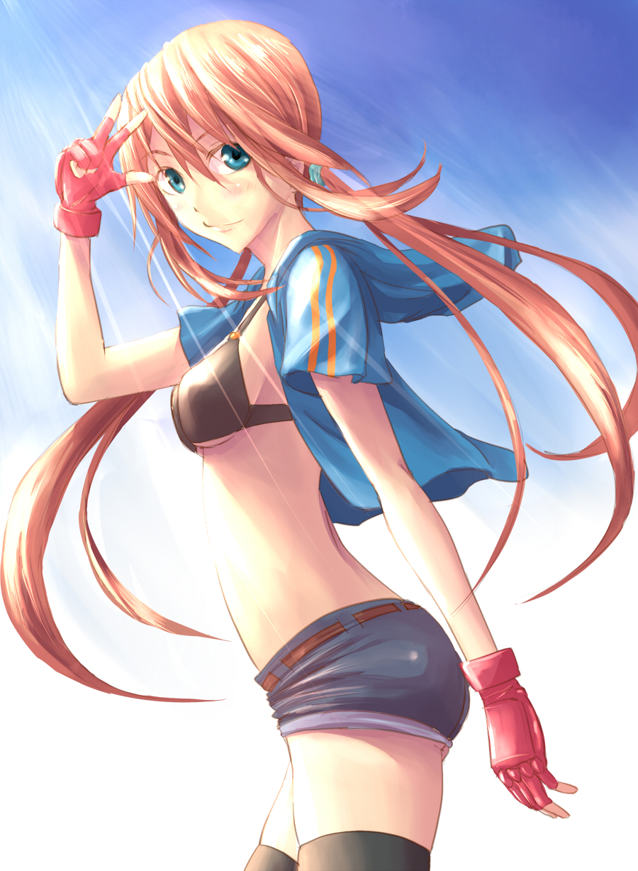 black_legwear, blue_eyes, blush, fingerless_gloves, gloves, highres, hoodie, kaeru314, long_hair, momoko_(kaeru314), open_hoodie, orange_hair, original, red_hair, short_shorts, shorts, sky, smile, solo, sunbeam, sunlight, thigh-highs, thighhighs, twintails, v