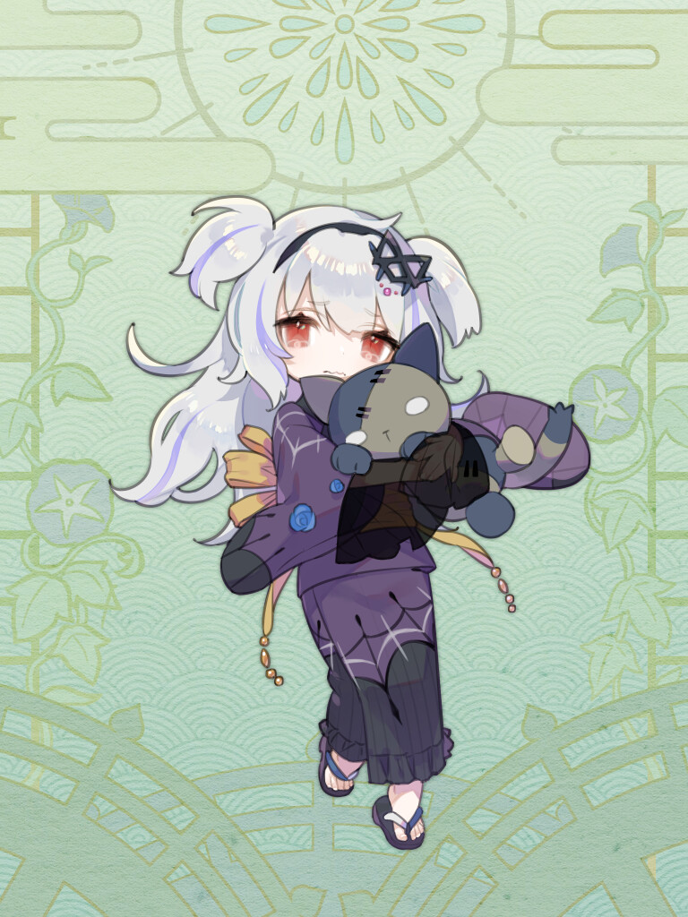 1girl, back_bow, black_hairband, bow, dairoku_ryouhei, green_background, grey_hair, hair_ornament