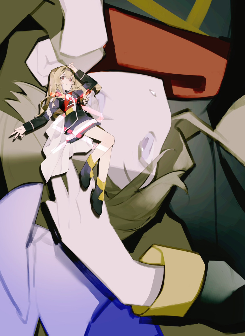 2girls, arm_up, black_jacket, blonde_hair, bow, brown_hair, capelet, close-up, closed_mouth, commentary, couple, floating, hair_between_eyes, hair_bow, headband, highres, jacket, long_hair, long_sleeves, mashumaro_gui, mini_person, multiple_girls, pink_hair, saijo_claudine, school_uniform, seisho_music_academy_school_uniform, shade, shoujo_kageki_revue_starlight, suit, suit_jacket, tendo_maya, upper_body, violet_eyes, wavy_hair, yuri
