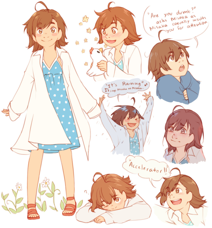 >_<, 1girl, :d, ?, ahoge, animal, arms_up, beamed_eighth_notes, bird, blue_dress, blush, blush_stickers, brown_eyes, brown_hair, character_name, chicken_(toaru), child, closed_mouth, collared_shirt, commentary, dress, english_commentary, english_text, flower, full_body, hair_between_eyes, highres, holding, holding_animal, holding_bird, last_order_(toaru_majutsu_no_index), leaf, light_blush, long_sleeves, looking_at_viewer, medium_dress, medium_hair, musical_note, open_clothes, open_shirt, oversized_clothes, oversized_shirt, polka_dot, polka_dot_dress, rain, red_sandals, sandals, shirt, short_hair, simple_background, smile, speech_bubble, standing, talking, tears, teeth, toaru_majutsu_no_index, toaru_majutsu_no_index:_new_testament, toaru_majutsu_no_index:_old_testament, upper_body, upper_teeth_only, vilatile, white_background, white_flower, white_polka_dots, white_shirt