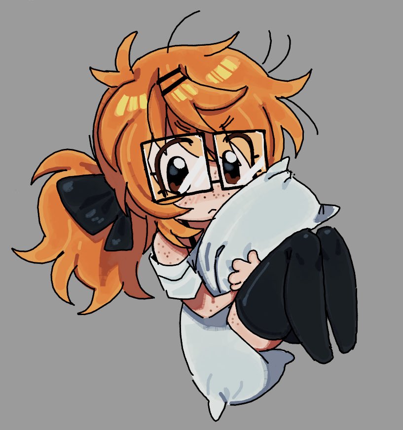1girl, :<, arm_freckles, black_bow, black_thighhighs, body_freckles, bow, brown_eyes, chibi, closed_mouth, commentary, english_commentary, eyebrows_hidden_by_hair, fluffy_hair, freckles, full_body, grey_background, hair_bow, hair_ornament, hairclip, holding, holding_pillow, hugging_object, jimiko, kibyland, knees_up, looking_at_viewer, low_ponytail, lower_eyelashes_only, messy_hair, orange_hair, original, pillow, pillow_hug, ponytail, rectangular_eyewear, single_off_shoulder, solo, stephanie_finch_(kibyland), thigh-highs, thigh_freckles