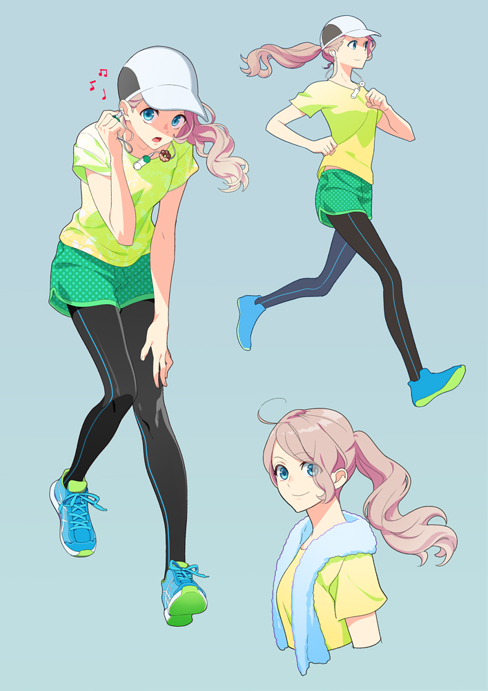 1girl, blue_background, blue_eyes, commentary_request, earphones, earphones, full_body, green_shirt