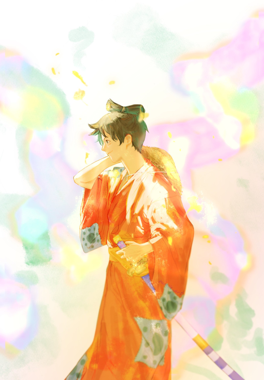 1boy, absurdres, black_hair, chonmage, closed_mouth, hat, highres, japanese_clothes, kimono, male_focus, monkey_d._luffy, nirelle_art, one_piece, profile, red_kimono, sash, scar, scar_on_face, solo, straw_hat, sword, topknot, weapon