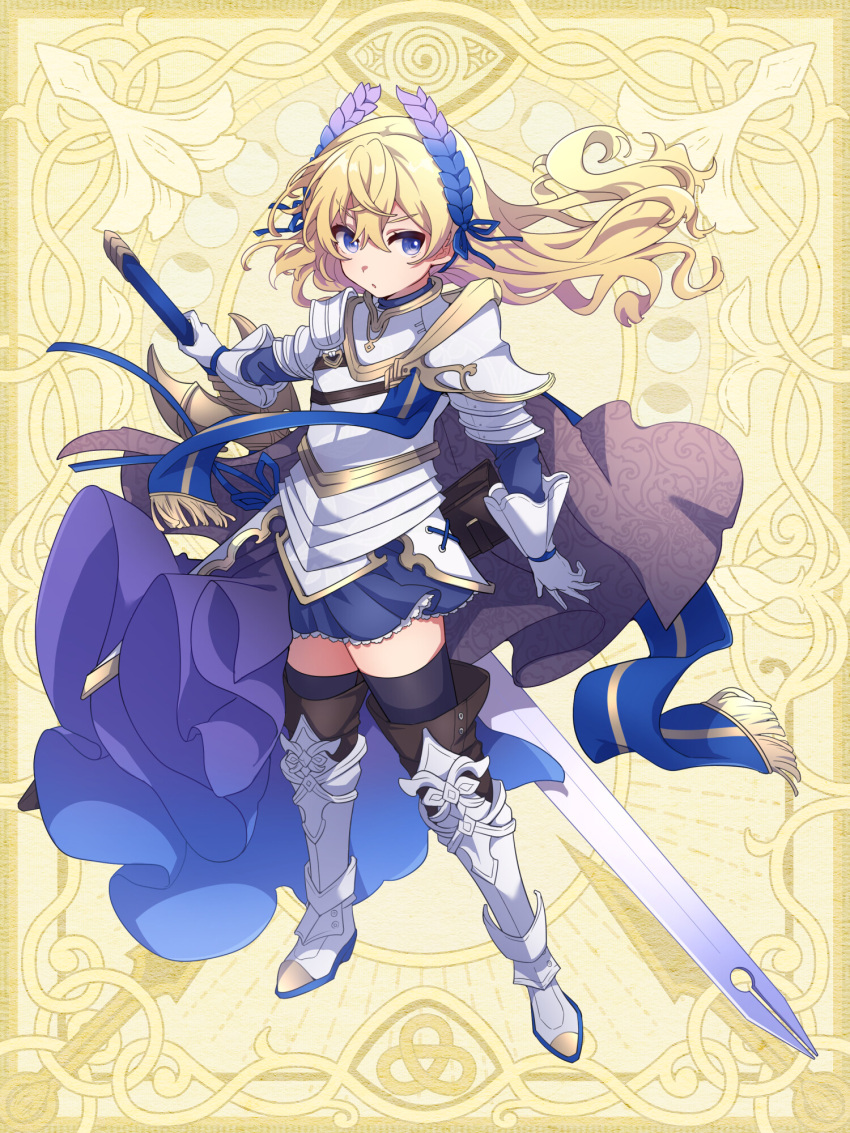 1girl, armor, black_thighhighs, blonde_hair, blue_eyes, blue_ribbon, boots, chain_paradox