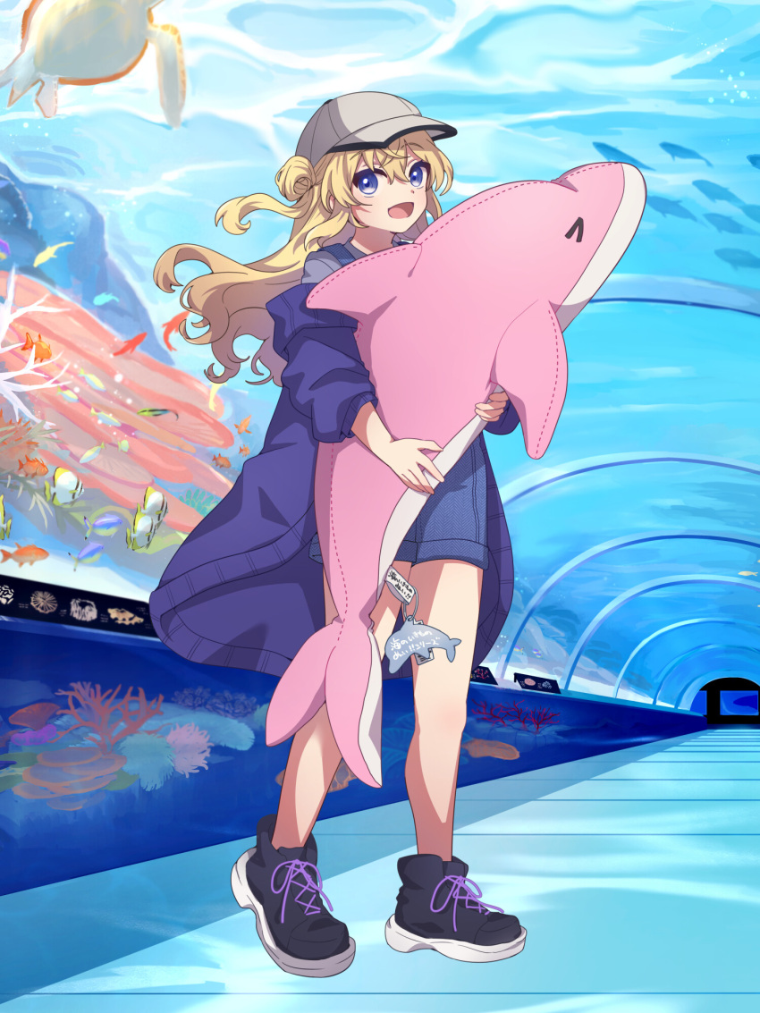 1girl, :d, aquarium, baseball_cap, black_shoes, blue_eyes, blue_jacket, chain_paradox