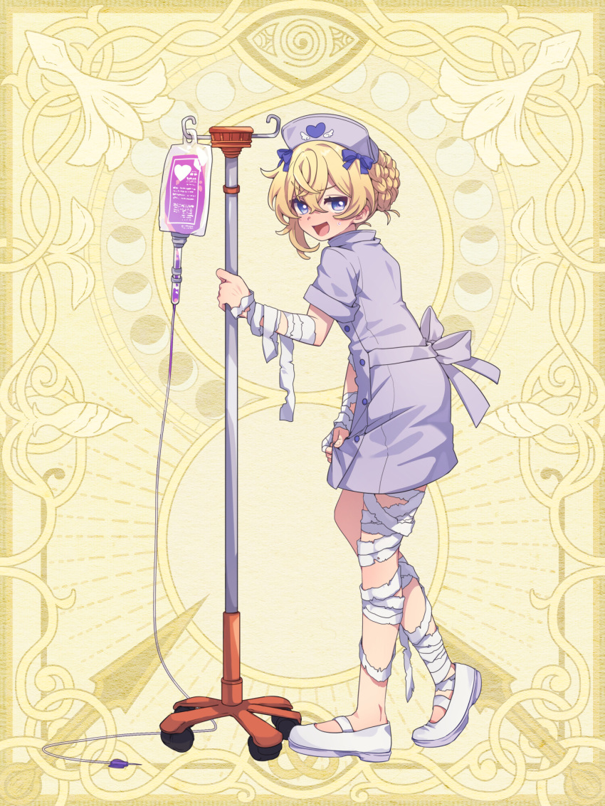 1girl, :d, bandaged_arm, bandaged_leg, bandages, blonde_hair, blue_eyes, braid