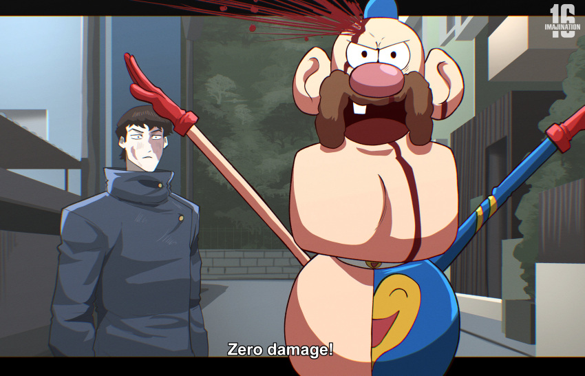 2boys, absurdres, ace_(imajination16), ben_10, blood, blood_from_mouth, blood_on_face, brown_hair, cartoon_network, cosplay, facial_hair, fushiguro_megumi, fushiguro_megumi_(cosplay), gloves, highres, jujutsu_kaisen, jujutsu_tech_uniform, multiple_boys, mustache, open_mouth, red_gloves, short_hair, takaba_fumihiko, takaba_fumihiko_(cosplay), uncle_grandpa, uncle_grandpa_(character)