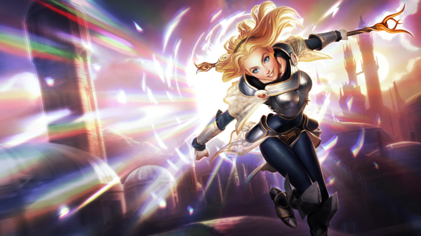 1girl, absurdres, armor, armored_boots, blonde_hair, blue_eyes, blue_pants, bodysuit