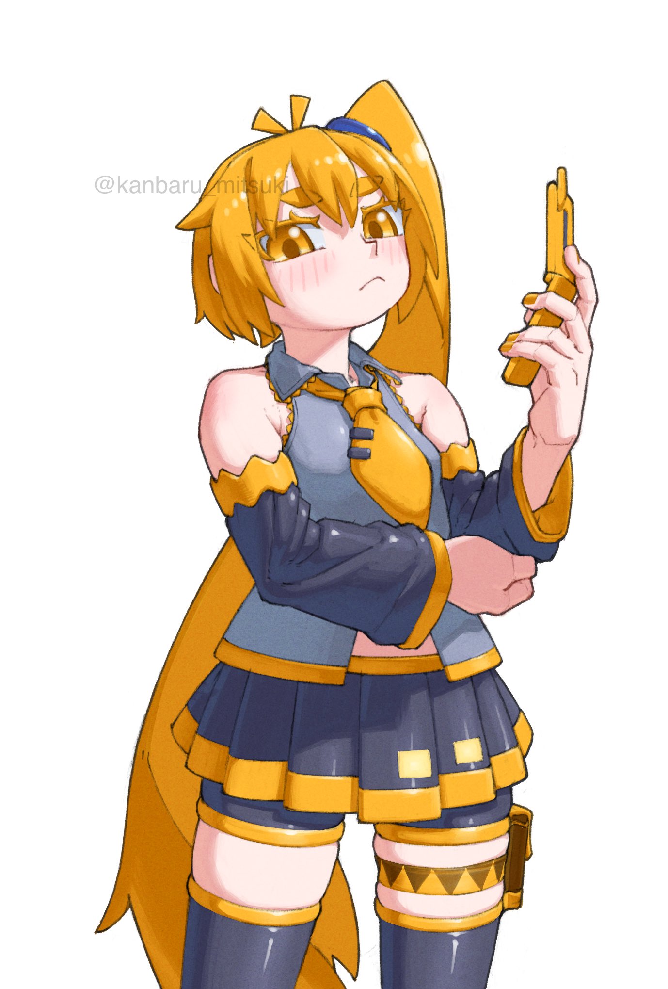 1girl, akita_neru, blonde_hair, cellphone, closed_mouth, cowboy_shot, detached_sleeves, flip_phone
