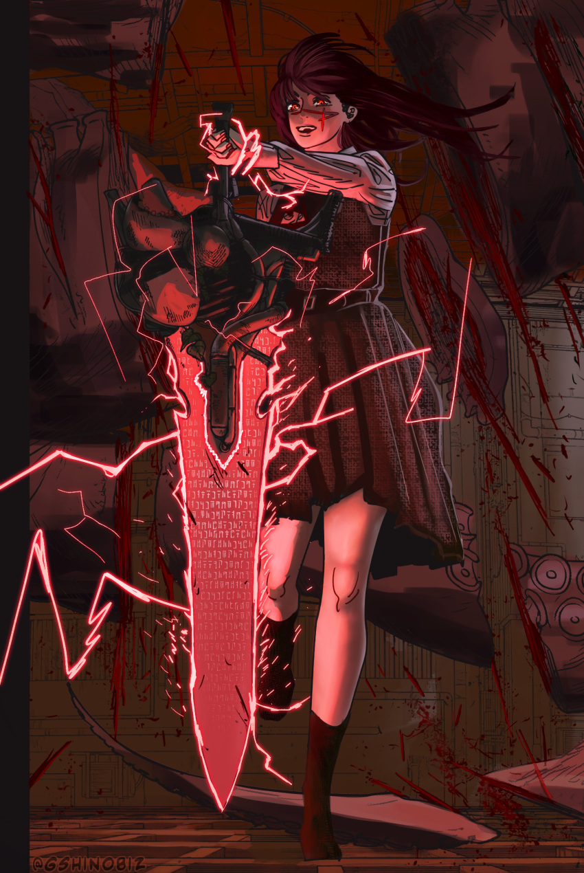 1girl, absurdres, black_hair, chainsaw_man, cross_scar, crucible_(doom), doom_(series), fourth_east_high_school_uniform, full_body, gshinobiz, highres, holding, holding_sword, holding_weapon, long_hair, open_mouth, red_eyes, scar, scar_on_cheek, scar_on_face, school_uniform, sword, tentacles, weapon, yoru_(chainsaw_man)