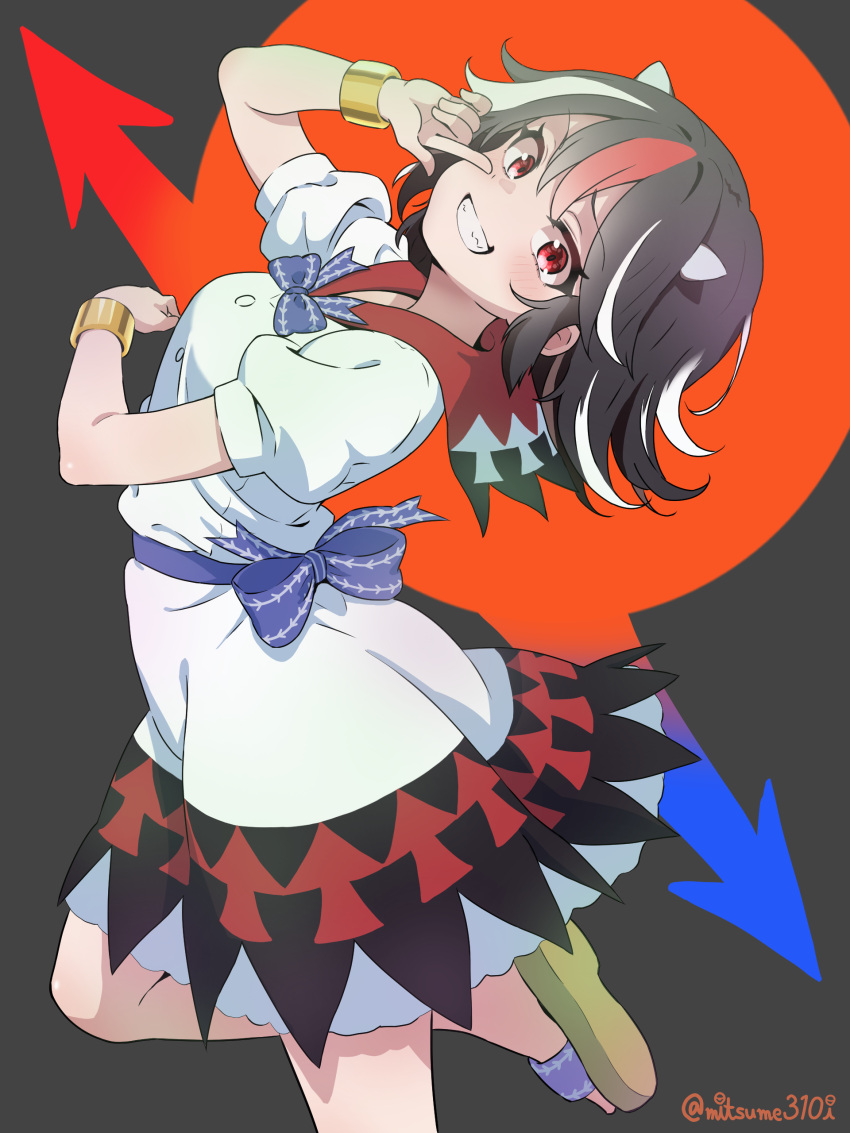 1girl, absurdres, arrow_print, black_hair, blue_bow, blue_bowtie, bow, bowtie