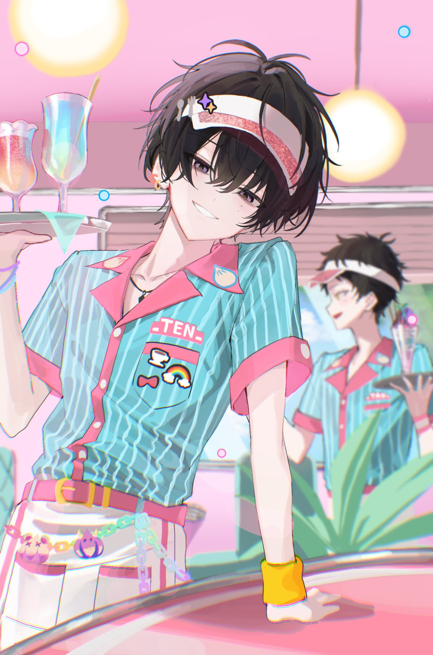 18trip, 2boys, bags_under_eyes, belt, belt_buckle, black_hair, blue_shirt, bracelet