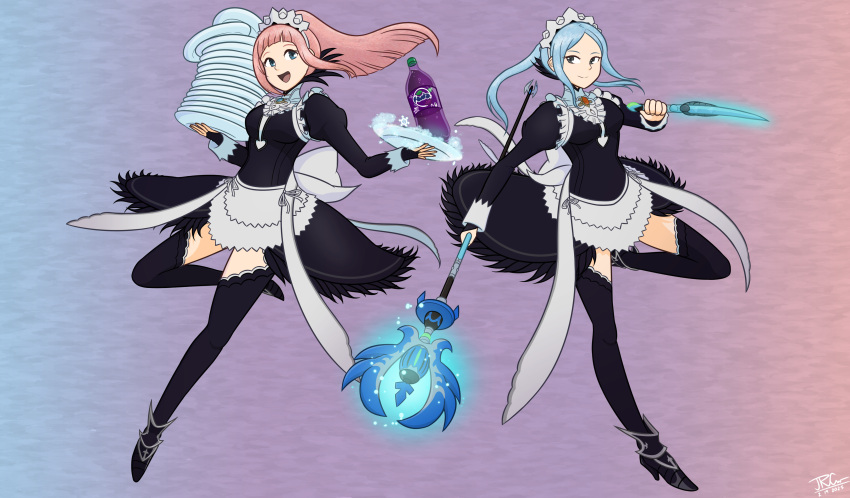 2girls, absurdres, apron, blue_background, blue_eyes, blue_hair, breasts, bridal_gauntlets
