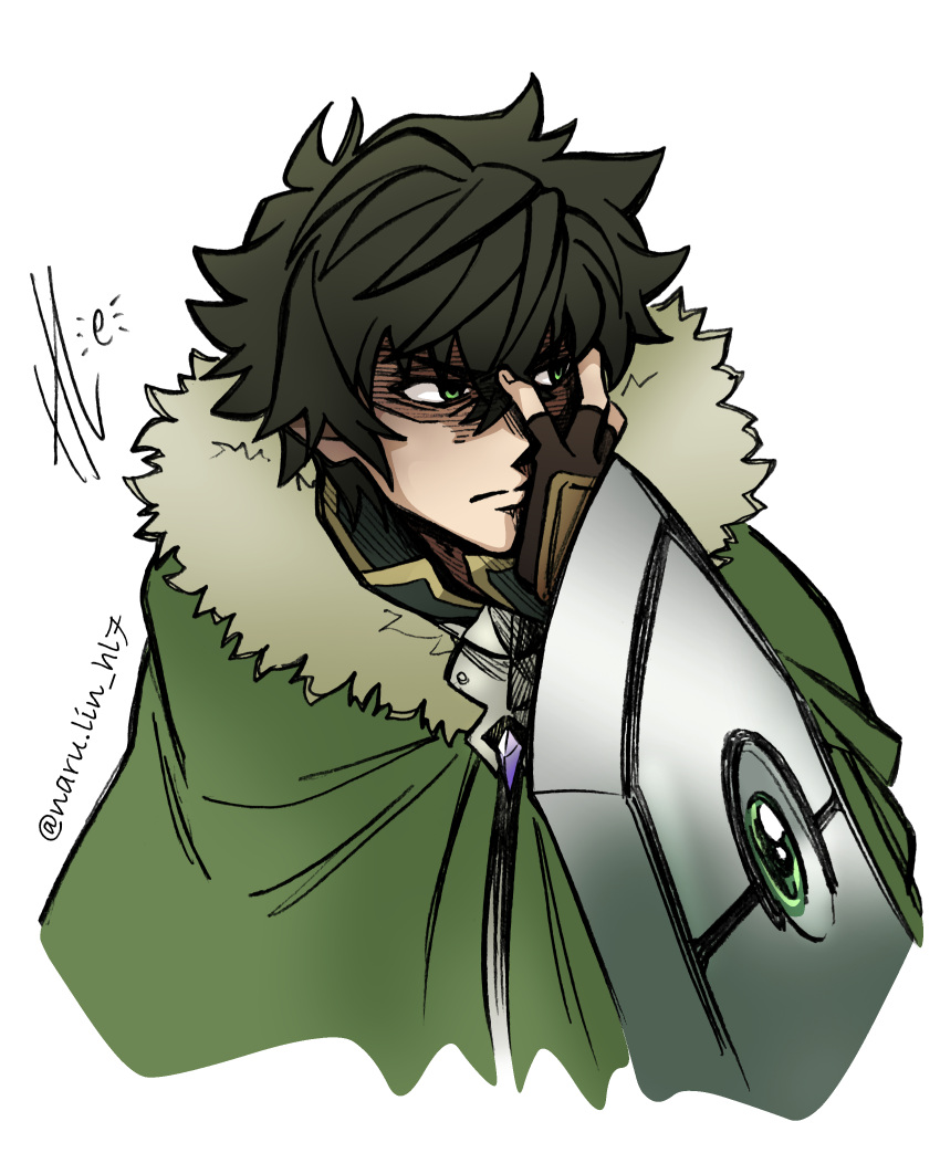 1boy, :|, absurdres, arm_shield, artist_name, black_hair, black_shirt, brown_gloves, cloak, closed_mouth, collared_shirt, fingerless_gloves, fur-trimmed_collar, fur_trim, gloves, green_cloak, green_eyes, hand_on_own_face, hand_up, high_collar, highres, iwatani_naofumi, leather, leather_gloves, legendary_shield_(small_shield)_(tate_no_yuusha_no_nariagari), legendary_shield_(tate_no_yuusha_no_nariagari), looking_to_the_side, male_focus, messy_hair, naru_lin_10969, open_collar, shaded_face, shirt, short_hair, simple_background, solo, tate_no_yuusha_no_nariagari, twitter_username, v-shaped_eyebrows, white_background, yellow_trim