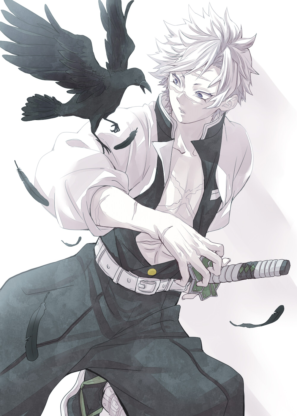 1boy, belt, bird, black_bird, black_feathers, black_pants, black_socks, blue_eyes