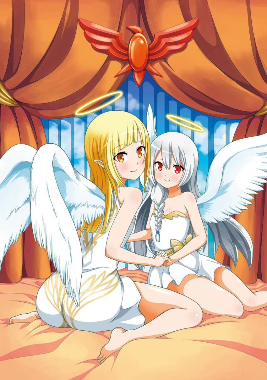 1boy, 1girl, androgynous, angel, angel_wings, bare_shoulders, barefoot, bed_sheet, blonde_hair, blush, braid, breasts, closed_mouth, curtains, dress, elf, feathered_wings, from_behind, full_body, futoku_no_guild, grey_hair, hair_between_eyes, halo, highres, holding_hands, indoors, interlocked_fingers, long_hair, looking_at_viewer, looking_back, magyo, maidena_angers, multiple_girls, noma_rune, non-web_source, official_art, on_bed, pointy_ears, red_eyes, short_dress, sidelocks, sitting, sleeveless, sleeveless_dress, small_breasts, smile, strapless, strapless_dress, thighs, trap, very_long_hair, wariza, white_dress, white_wings, wings, yellow_eyes