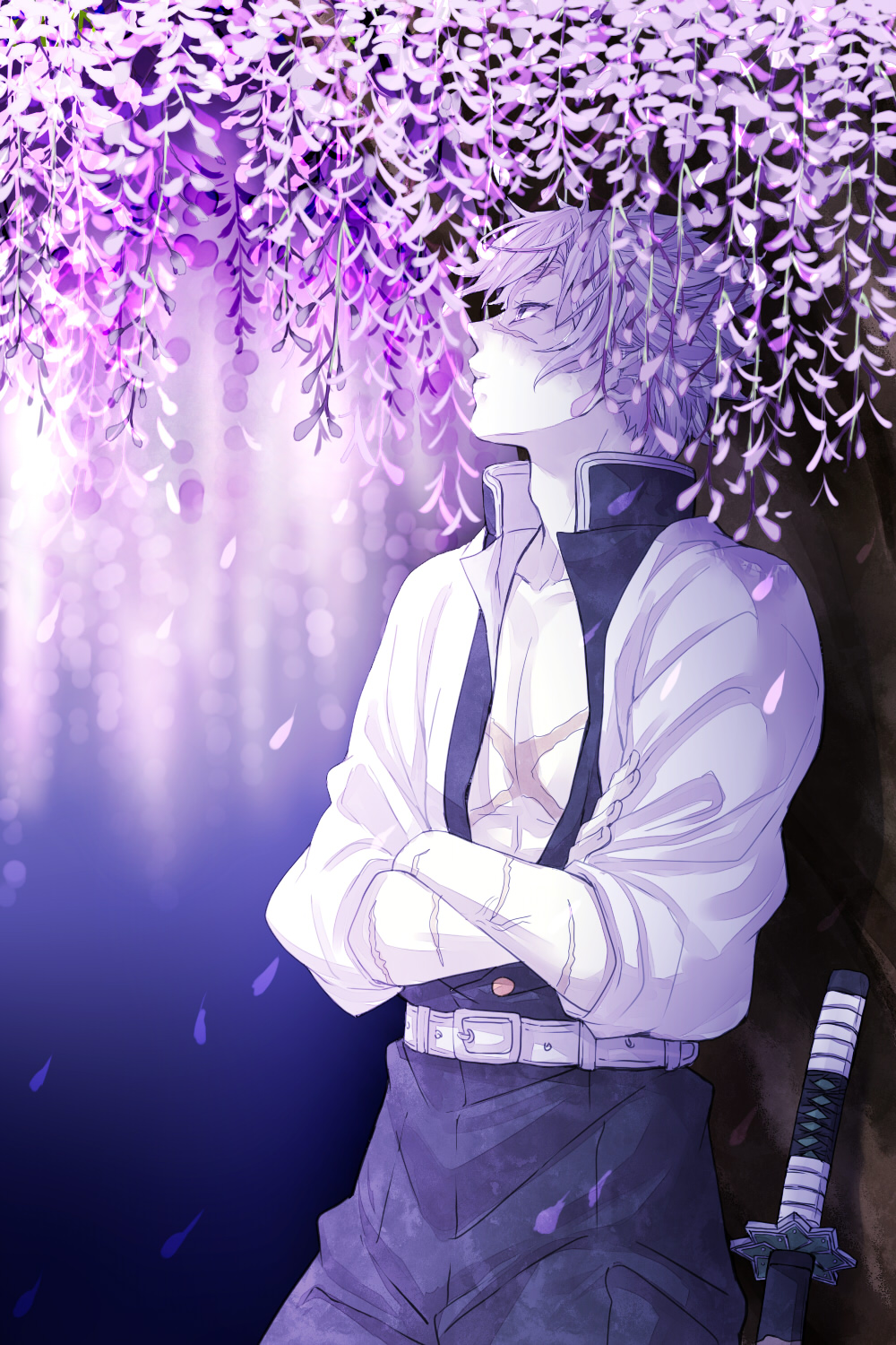 1boy, belt, closed_mouth, commentary_request, cowboy_shot, crossed_arms, demon_slayer_uniform, flower
