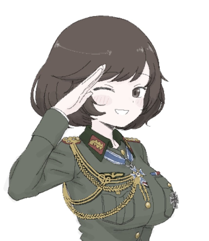 1girl, akiyama_yukari, black_cat03, brown_eyes, brown_hair, cross, cross_of_honour_of_the_german_mother, fluffy_hair, girls_und_panzer, green_jacket, heinz_guderian, iron_cross, jacket, japanese_commentary, japanese_text, light_blush, looking_at_viewer, medal, military_uniform, nazi, one_eye_closed, reichsadler, salute, shoulder_boards, smile, solo, swastika, upper_body, white_background, world_war_ii